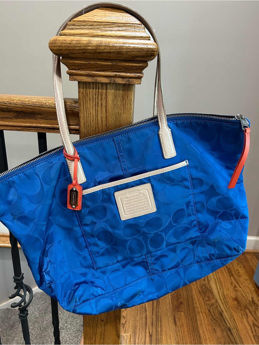 Coach Royal Blue Signature Nylon Tote with Cream Handles and Coral Accents